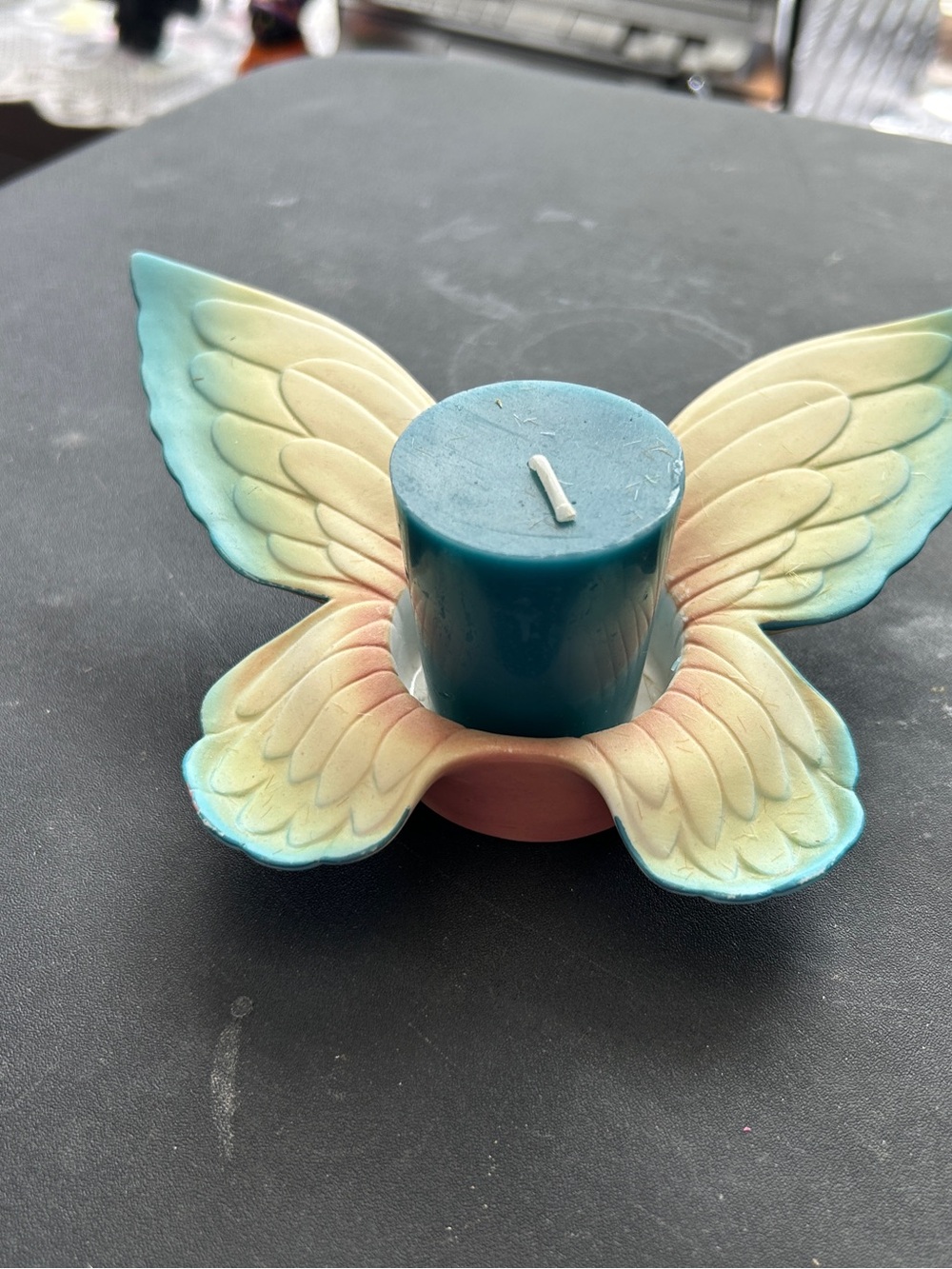 Source Unknown Blue and Cream Butterfly Wing Candle Holder